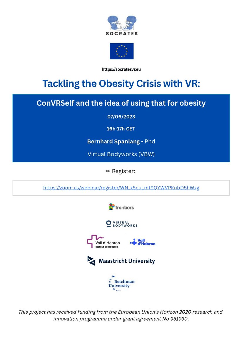 Frontiers &amp; VBW: 3rd talk ---> 07/06/23 16h-17h CET online 
Register: socratesvr.eu/frontiers-vbw-…
<a href="/FrontiersIn/">Frontiers</a> <a href="/FrontVR/">Frontiers in Virtual Reality</a>
