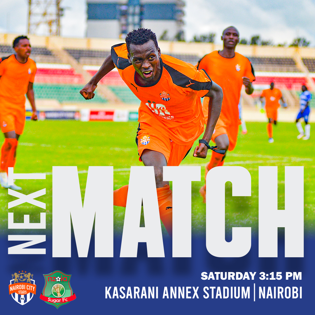 NEXT UP ▶️▶️

MATCH | #32

🗓 | Saturday 3rd  June 

City Stars Fc 🆚  Nzoia united FC

🏆 | Fkf-PL 

⏰ | 1515hrs 
🏟 | Kasarani Annex Stadium, 

 #Simbawanairobi

Gates free