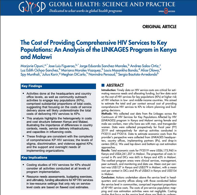 GHSPJournal's tweet photo. A cost analysis of comprehensive HIV services for key populations in Kenya &amp; Malawi showed that costs can be substantial at all program implementation levels; all these costs should be considered during program planning. @PEPFAR @fhi360 @gatesfoundation https://t.co/T9Iu9gMgsC https://t.co/Ca19dZ4t1W
