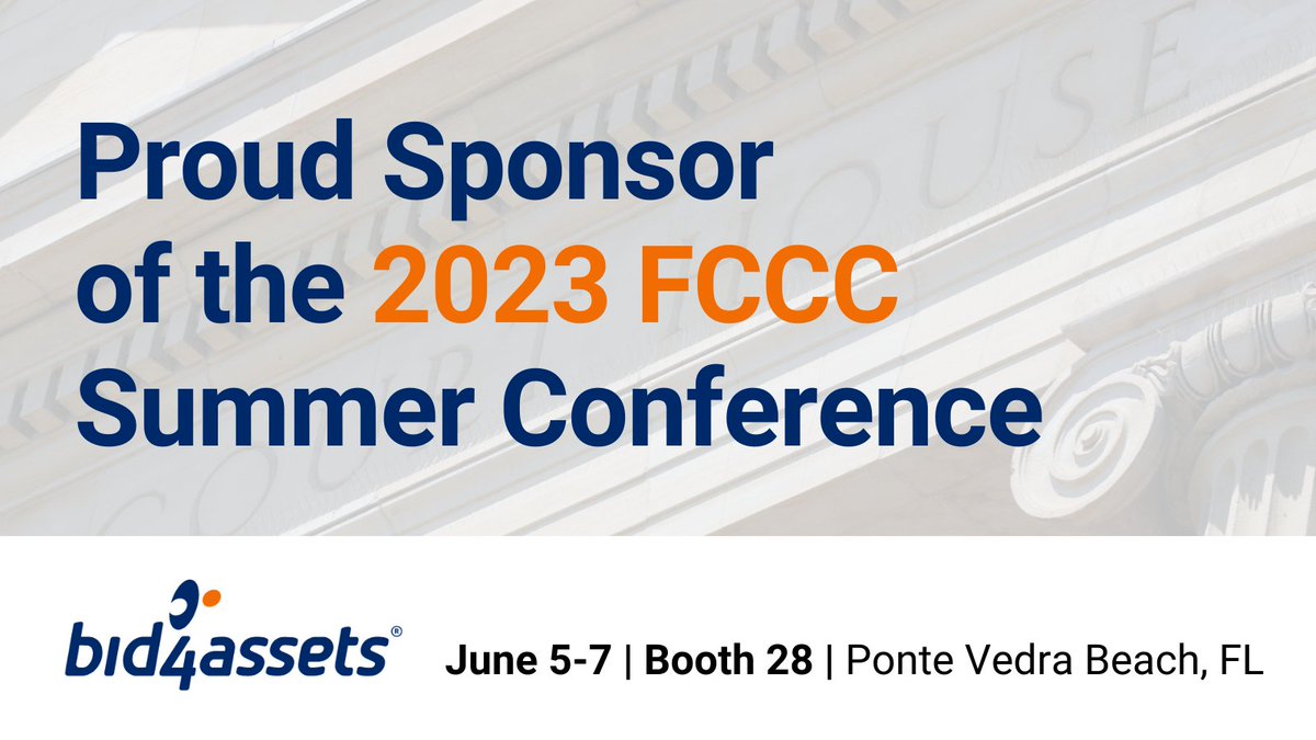 Bid4AssetsTweet's tweet photo. We're attending the 2023 Florida Court Clerks Comptrollers Summer Conference next week. Stop by booth 28 to learn the benefits a move to online foreclosure sales can offer your community.

Learn more about Bid4Assets: https://t.co/BZjnMToQhI https://t.co/G2HqAhO8oK