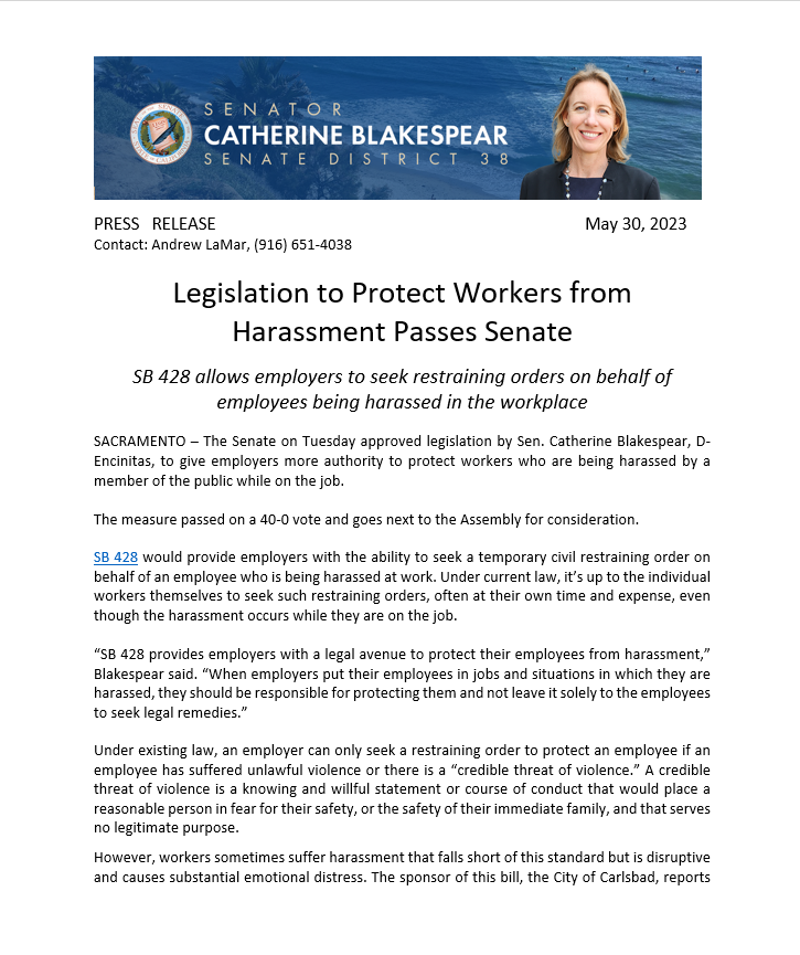 SenBlakespear's tweet photo. The Senate on Tuesday approved my #SB428 to help protect workers from harassment. It would provide employers with the ability to seek a temporary civil restraining order on behalf of an employee who is being harassed at work. @CASenateDems @carlsbadcagov https://t.co/StwATwB74s