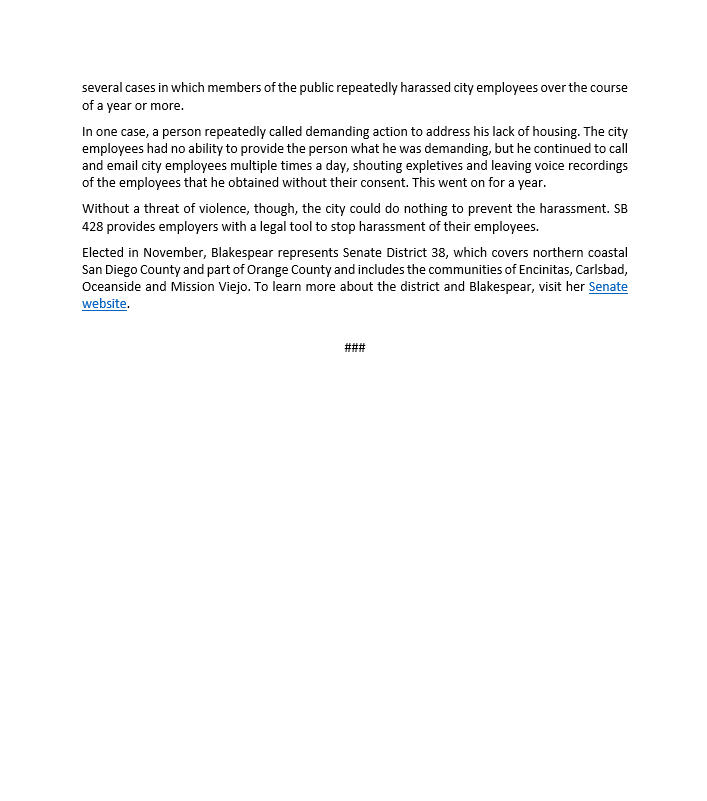 SenBlakespear's tweet photo. The Senate on Tuesday approved my #SB428 to help protect workers from harassment. It would provide employers with the ability to seek a temporary civil restraining order on behalf of an employee who is being harassed at work. @CASenateDems @carlsbadcagov https://t.co/StwATwB74s