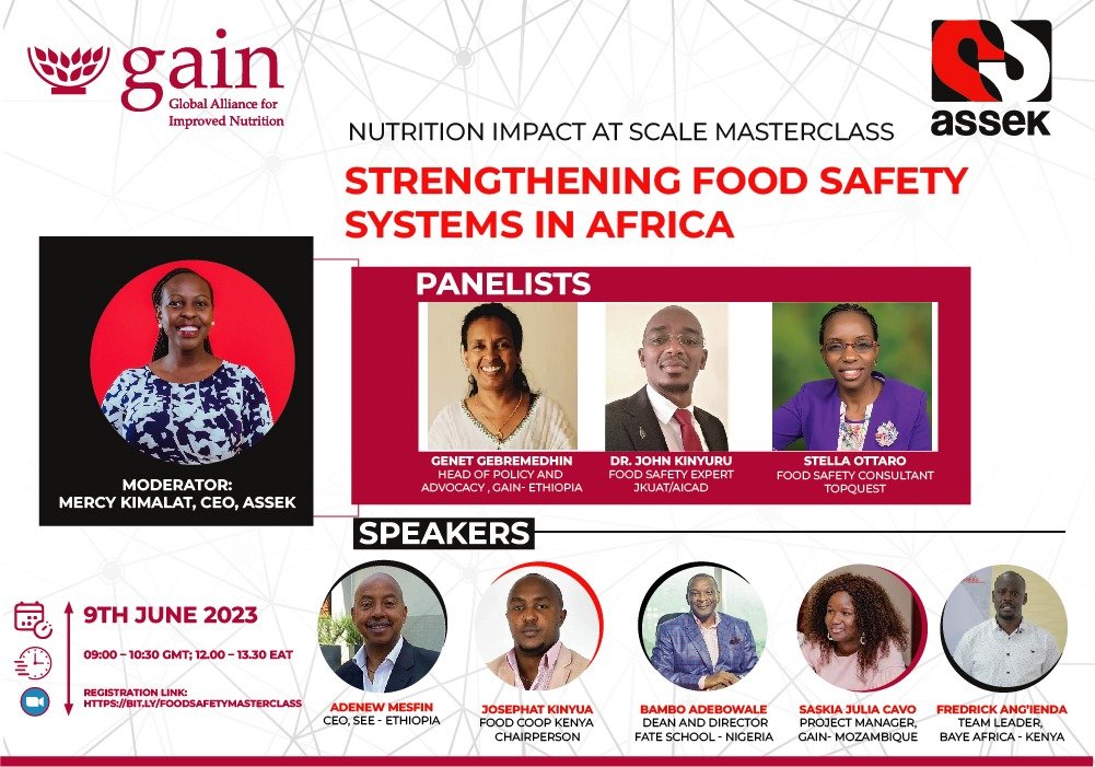 Join us on an interactive Food Safety #Masterclass on 9th June 2023 themed: Strengthening #FoodSafety Systems in Africa, from 12:00PM- 13:30PM EAT. The event brings together panelists and speakers from Nigeria, Ethiopia, Kenya, and Mozambique.

Register: bit.ly/FoodSafetyMast…