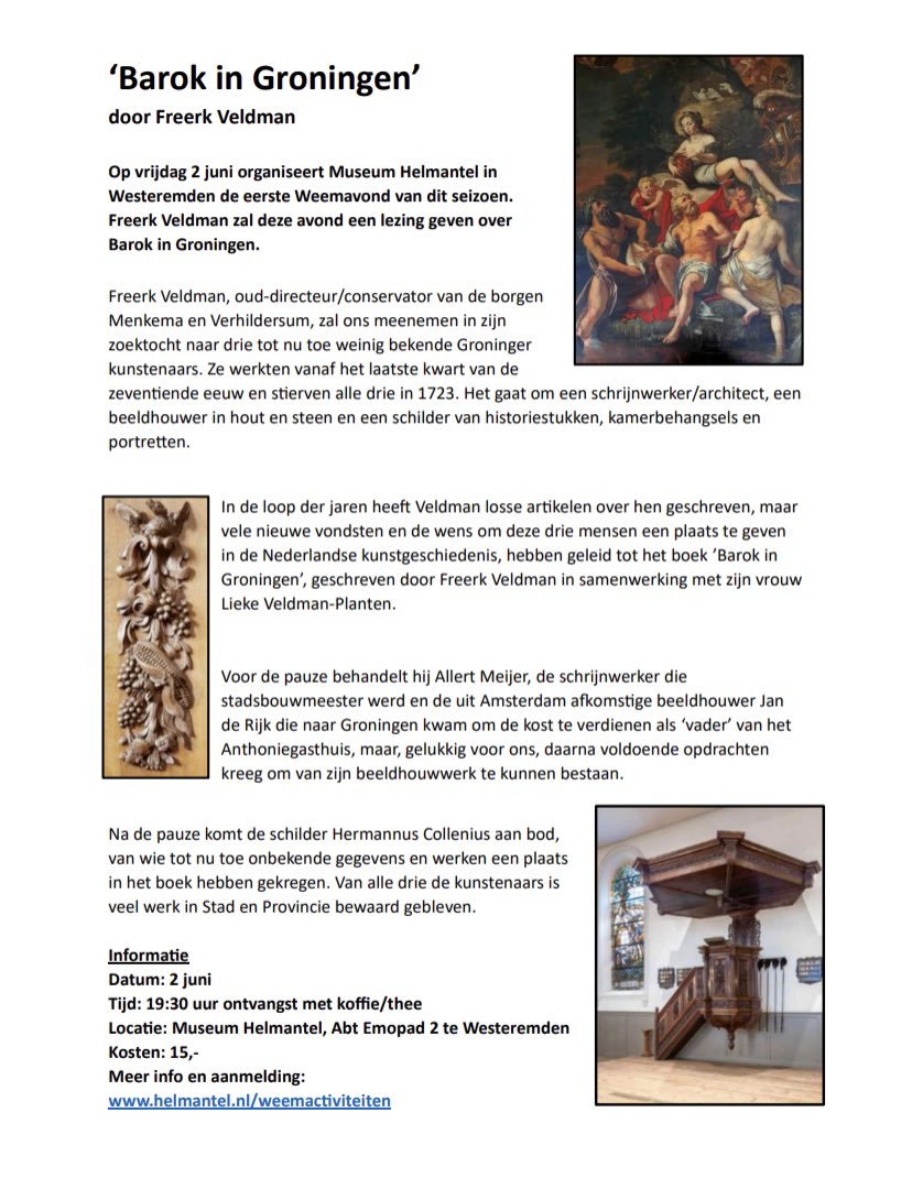 Barok in Groningen??? Jazeker!!!

Freerk Veldman komt hier vol enthousiasme over vertellen tijdens de 1e Weemlezing van dit seizoen in Museum Helmantel. 

Van harte welkom!