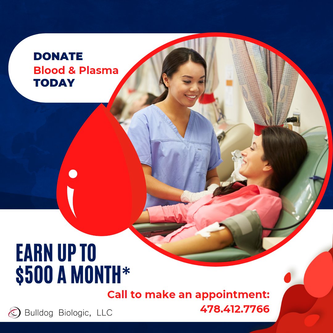 You could earn up to $500 per month* by donating blood and plasma. Call or stop by our office for more details.

📷600 N Cobb St, Milledgeville, GA 31061

*Must meet specified requirements.

#BulldogBiologic #BloodDonation #PlasmaDonation #Milledgeville