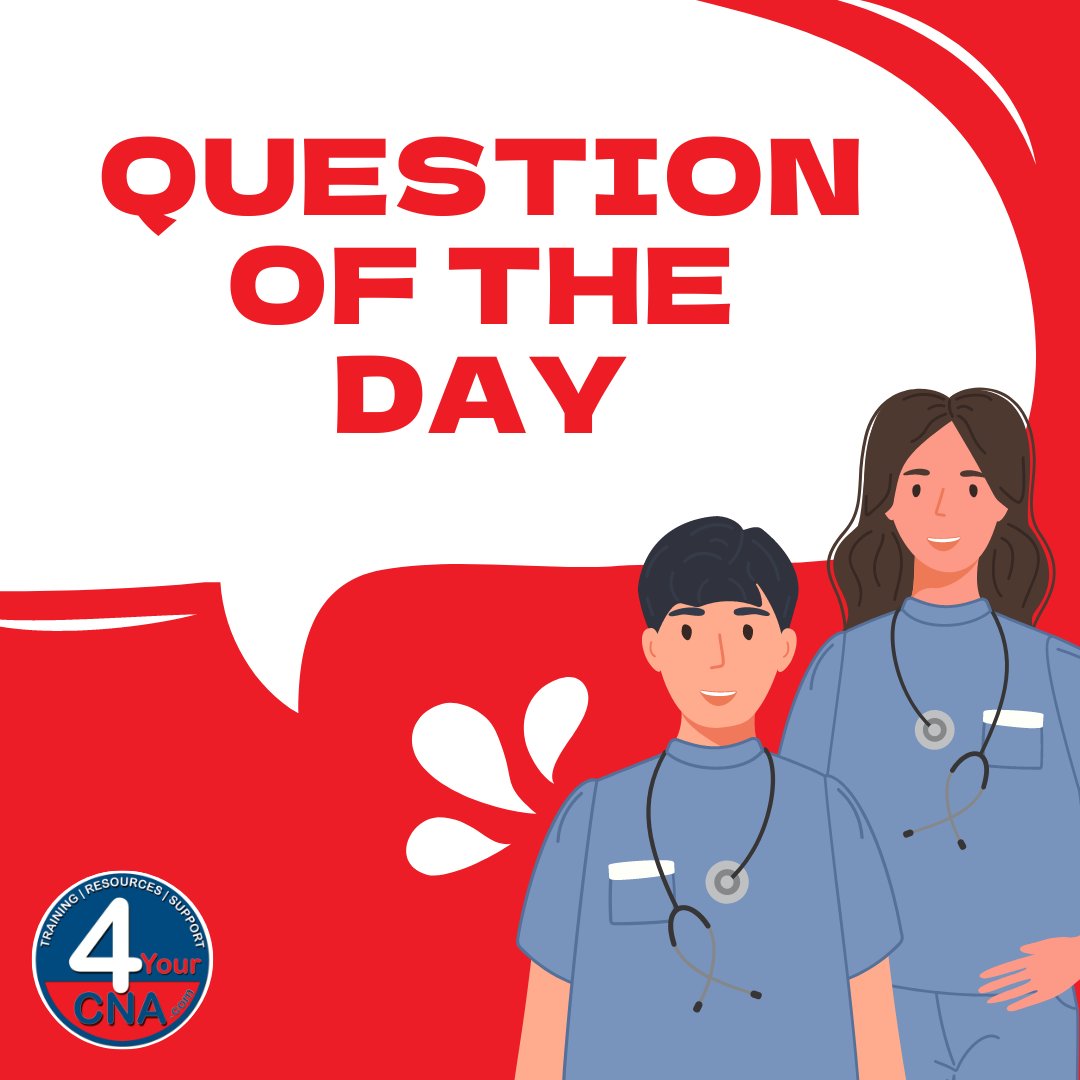 4yourcnaT's tweet photo. Here's your QUESTION OF THE DAY! These series of questions can help you evaluate your knowledge as a CNA. Follow us for more!

Don't forget to follow us for more updates!
#4YourCNA #youtube #nursing #instructor #nursingaide #floridacommunity #cna #cnaproblems #cnalife https://t.co/XreSfjcRDE