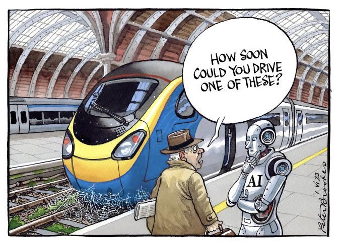 Peter Brookes on #AI #TrainStrikes #ArtificialIntelligence #Strikes  - political cartoon gallery in London original-political-cartoon.com