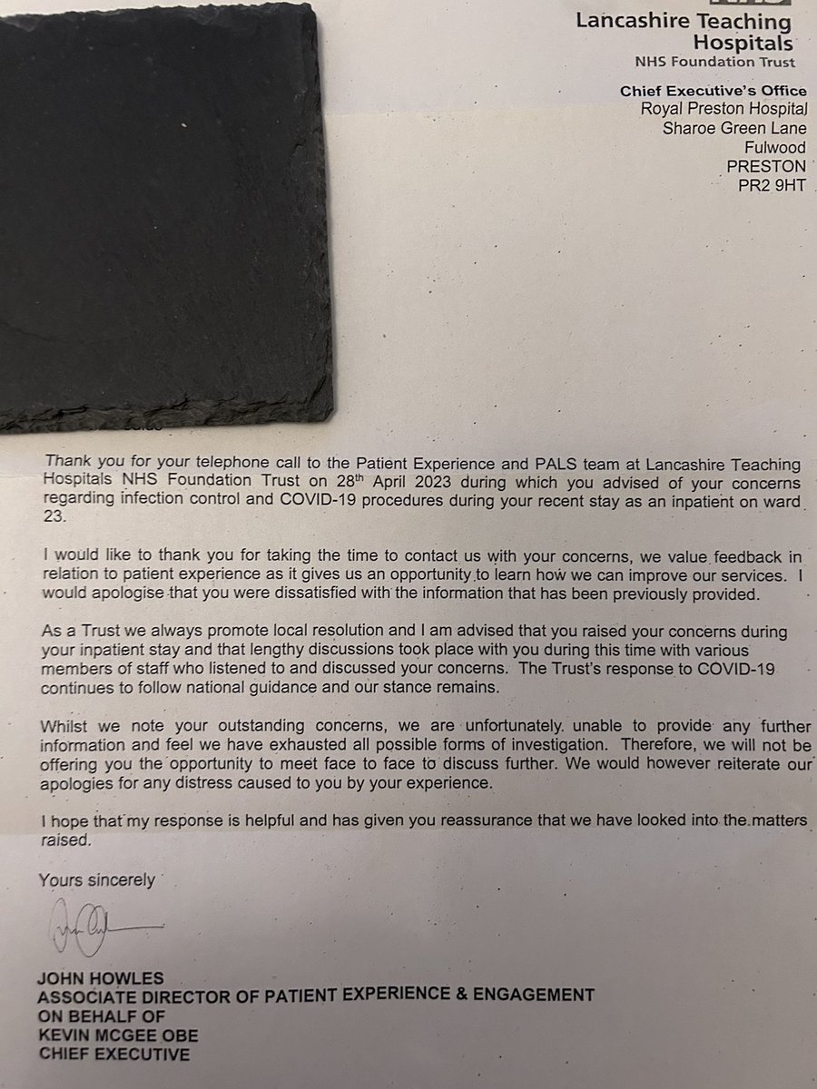 So here is the offending letter 

Just bear in mind that I wasn’t complaining about cold food or dirty bed linen but a deadly virus let to run rampant ignoring all basic infection control measures for a virus that is airborne on a ward full of extremely vulnerable patients