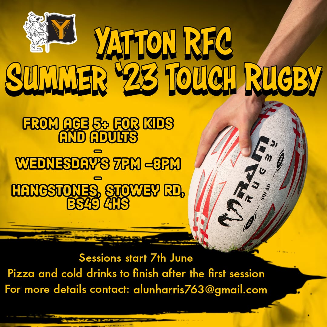 YattonRFC's tweet photo. It's time for some summer fun! Come on down and give rugby a try. Welcoming village side always looking to help new people get involved. Get in touch for more details #touchrugby #rugby #tryit https://t.co/J1N2PX6wGm