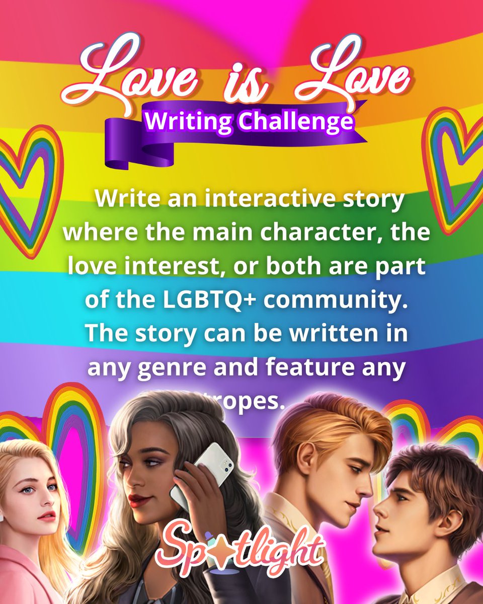 play_spotlight's tweet photo. Last days to enter! 📷The winner will get a feature on the special LGBTQ+ Shelf on the Front Page of the app! Plus, every featured story will receive 500 Gems📷
#SpotlightGame #loveislove https://t.co/YQZHdB9pqV