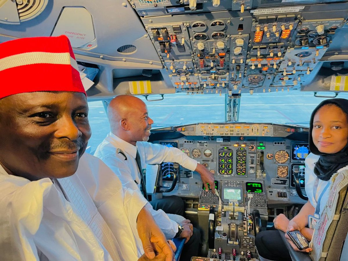 KwankwasoRM's tweet photo. Excited to have been on today’s Azman Air flight from Kano to Abuja, which was piloted by Captain Yahya and 
Senior First Officer Fatima Gwadabe. 

First Officer Gwadabe, is the first female pilot from Kano State, and is a beneficiary of our government’s scholarship scheme for pilots. - RMK