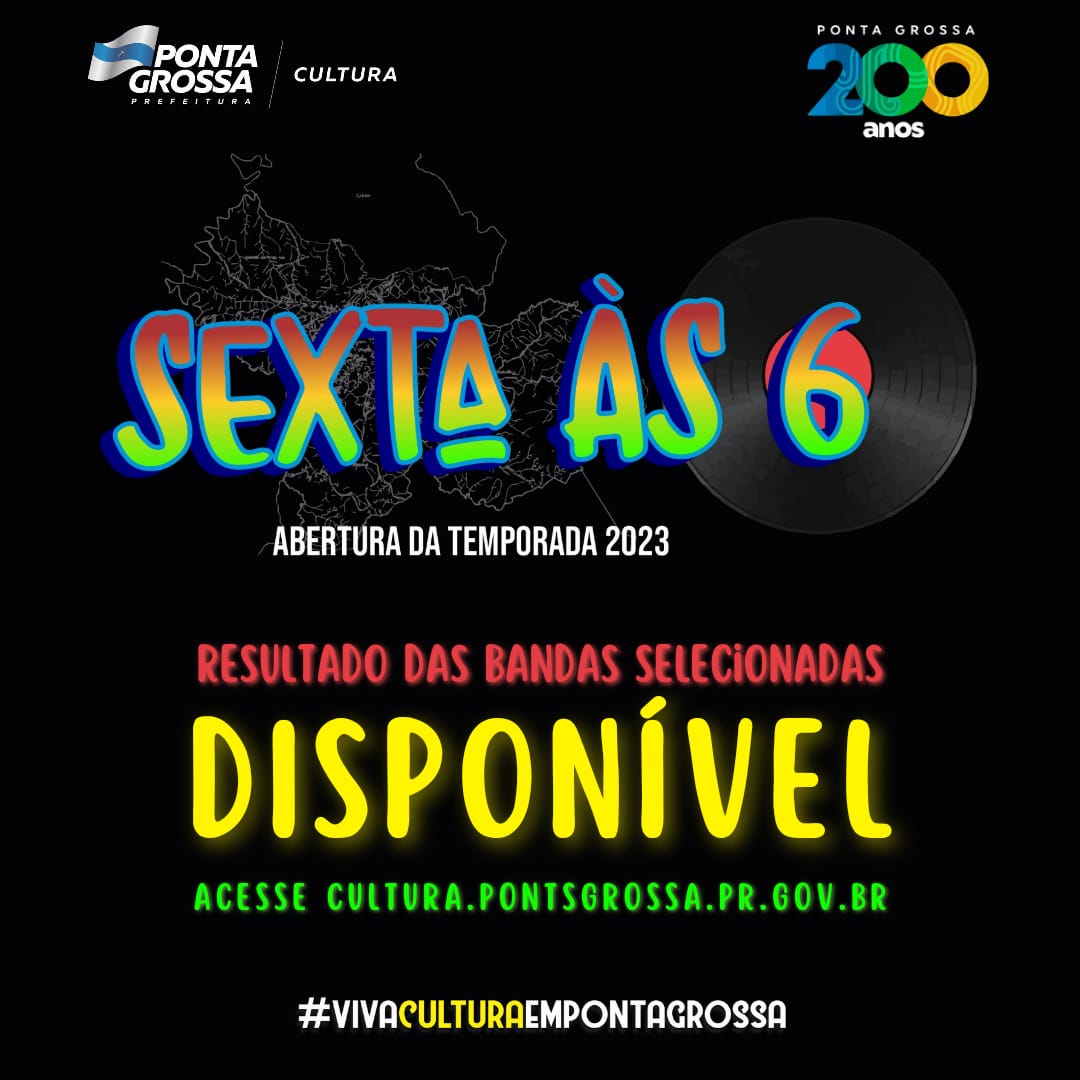 cultura__pg's tweet photo. O resultado do edital para a edição de 2023 do Sexta às Seis já está disponível! A ordem das apresentações das bandas será decidida em reunião com os grupos no dia 5 de junho.
E aí, vai assistir ao show da sua banda favorita? 🎸🎹
#vivaculturaempontagrossa #pg200 #sextaas6 https://t.co/fZkZ1fVJ5o