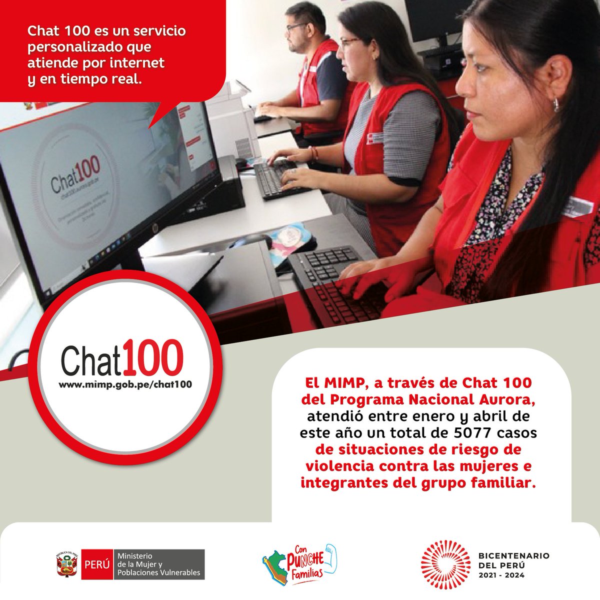 MimpPeru's tweet photo. 📢 Recuerda que a través de #Chat100👩💻 puedes recibir orientación psicológica para identificar situaciones de riesgo de violencia.
➡️Ingresa a https://t.co/wrXHxqKDhA y recibirás atención gratuita y personalizada en tiempo real.
📰Más información: https://t.co/Dt3c8VB1fN https://t.co/Iho4DKjzLo