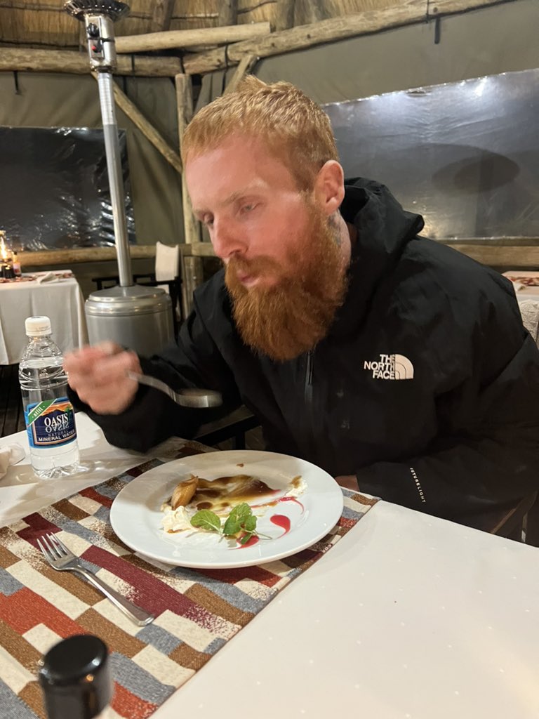 hardestgeezer's tweet photo. #ProjectAfrica Day 40: 60km

Had some solid bowl movements for first time in a while this morning. Knew it was go time. Determined to start making up for the lack of km’s in recent days.

60 big ones in before the sun went down. Satisfied. Demand the same again tomorrow. Minimum. Death is upon us all. Walls to be built. Vamos. 

Efficient days get me going. Almost as much as caramel deserts. Big thank you to Frans Indongo Lodge for hosting & feeding us the last couple of nights. 10/10 experience. Cannot wait to come back.

🧱