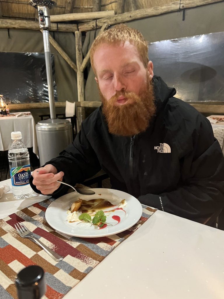 hardestgeezer's tweet photo. #ProjectAfrica Day 40: 60km

Had some solid bowl movements for first time in a while this morning. Knew it was go time. Determined to start making up for the lack of km’s in recent days.

60 big ones in before the sun went down. Satisfied. Demand the same again tomorrow. Minimum. Death is upon us all. Walls to be built. Vamos. 

Efficient days get me going. Almost as much as caramel deserts. Big thank you to Frans Indongo Lodge for hosting & feeding us the last couple of nights. 10/10 experience. Cannot wait to come back.

🧱