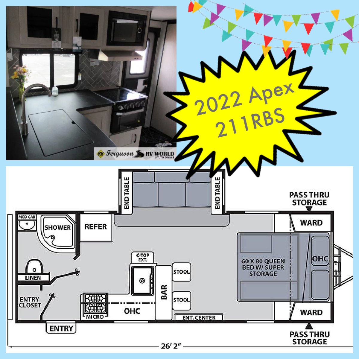 FergusonRVWorld's tweet photo. The 2022 Coachmen Apex 211RBS is a beautiful floorplan. With a large kitchen area, bar stools, and entry way closet, this is any travelers dream. 
Come into Ferguson RV World and check it out for yourself. 
https://t.co/NYzYE2SC26
#RVcare #coachmen #apex #camping #summer #camping https://t.co/e5JEf3k8fv