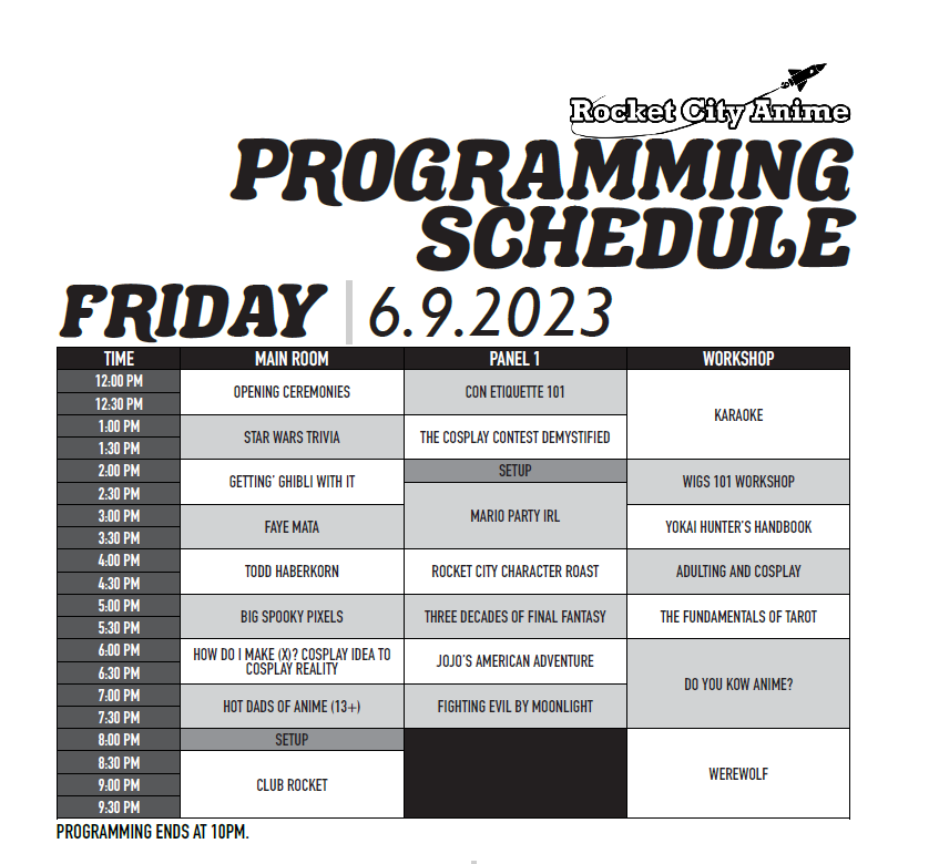 rocketcityanime's tweet photo. Everyone here is the schedule for Friday, we hope you can make it out and come have a good time!
#rocketcity #Huntsville #animecon #animeconvention #rocketcityanimecon #rocketcityanimecon2023 https://t.co/cpGO2xbJg0