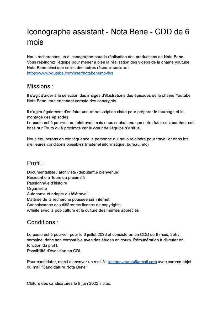 Nota Bene recrute pour un poste d'iconographe/documentaliste ! 

Go RT et tag vos contacts intéressés ;)

Si tu aimes l'Histoire, que tu sais être autonome, que tu es confortable avec le télétravail et que tu résides sur Tours ou ses alentours, c'est par ici !