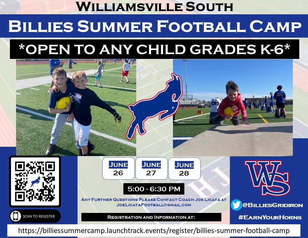 🚨Calling all kids in grades K-6!🚨 Come to Football camp at Williamsville South June 26-28th. Register using the link below.

billiessummercamp.launchtrack.events/register/billi…