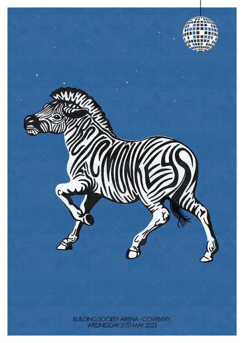 CameronJLWest's tweet photo. The poster I designed for @ArcticMonkeys show tonight at @CBSArena 🦓🪩✍️

Available at the Merch stand ✨

#arcticmonkeys #coventry https://t.co/HbsVXXPPov
