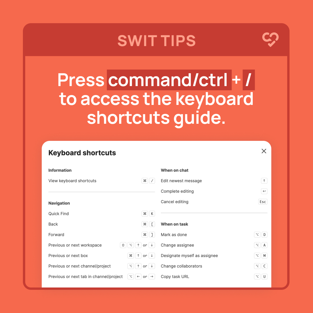 GetSwit's tweet image. Swit shortcuts are right at your fingertips to help maintain focus for a more productive day! 
#Shortcuts #RemoteWork #KeyboardShortcuts #TipsAndTricks #WorkManagement