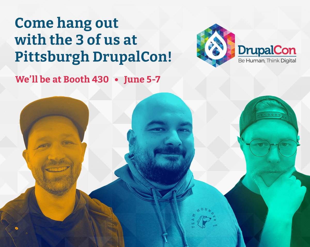 HounderCo's tweet photo. A quick reminder to catch us at the Pittsburgh DrupalCon this year. 

We’ll be serving up tech talk and coffee over at Booth 430. So please, come say hello and grab a cup! https://t.co/HtKOpgrvVS