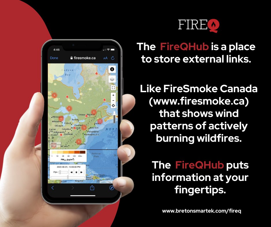 FireQRVS's tweet photo. The FireQ-Hub is a place to store external links so firefighters can access them quickly.  Things like Fire Smoke Canada that shows where wild fires are currently burning in Canada and the where the wind is taking the smoke. (https://t.co/V8FfnQp4TX) https://t.co/WeBM5w07bz
