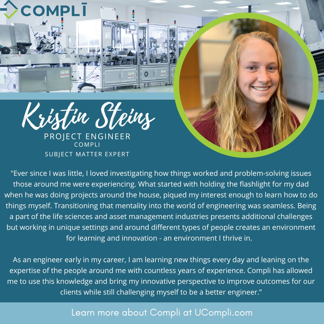 GBATeam's tweet photo. Meet Kristin Steins, our next Life Sciences Subject Matter Expert!
ย
Kristin is a Validation Engineer for Compli. Kristin started with Compli as a Compliance and Validation intern in 2021!
ย
To learn more about Kristin and Compli, visit https://t.co/a5RM6JdS7r
ย
#Compli #GBAteam https://t.co/hWSuMJX1ZK