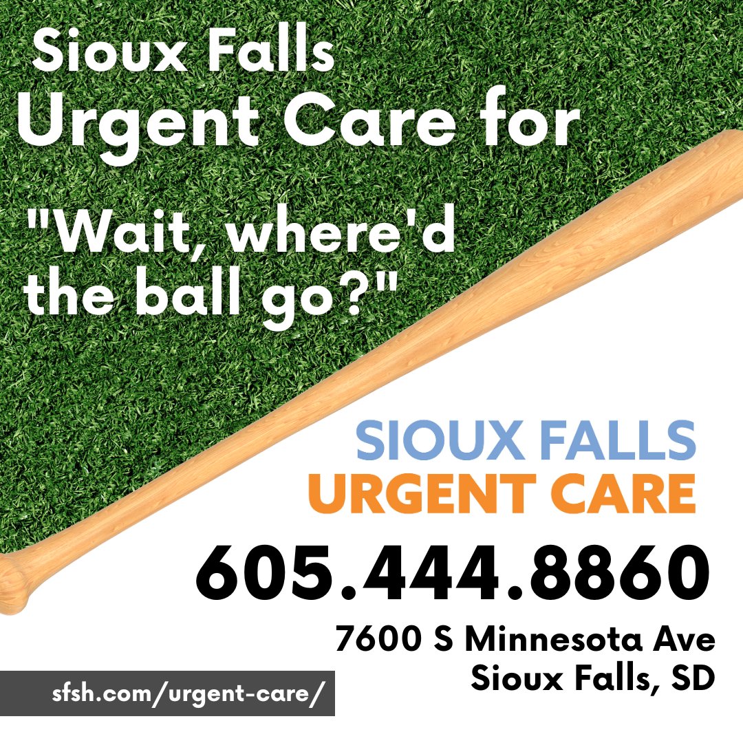 Sioux Falls Urgent Care for “Wait, where’d the ball go?”
- Cuts, burns, scrapes
- Headaches
- Heat stroke
- Dehydration
- Sprains, strains, possible fractures