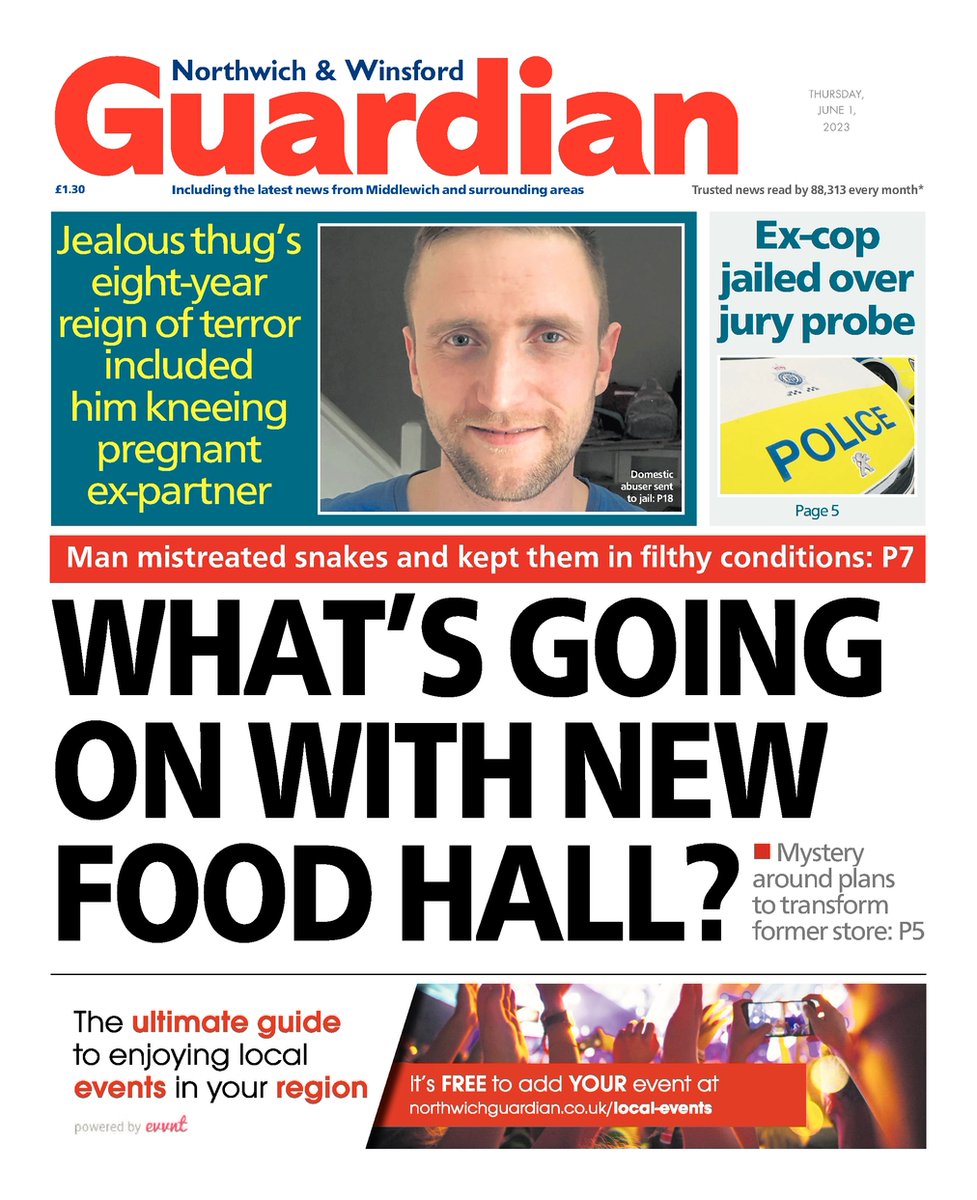 Front page of this week's Northwich &amp; Winsford Guardian on sale Thursday📰

"What's going on with new food hall?"

#TomorrowsPapersToday #Nortwich #Winsford #Cheshire #Newsquest #LocalNews #BuyAPaper #LocalNewsMatters #Middlewich #CheshireWest