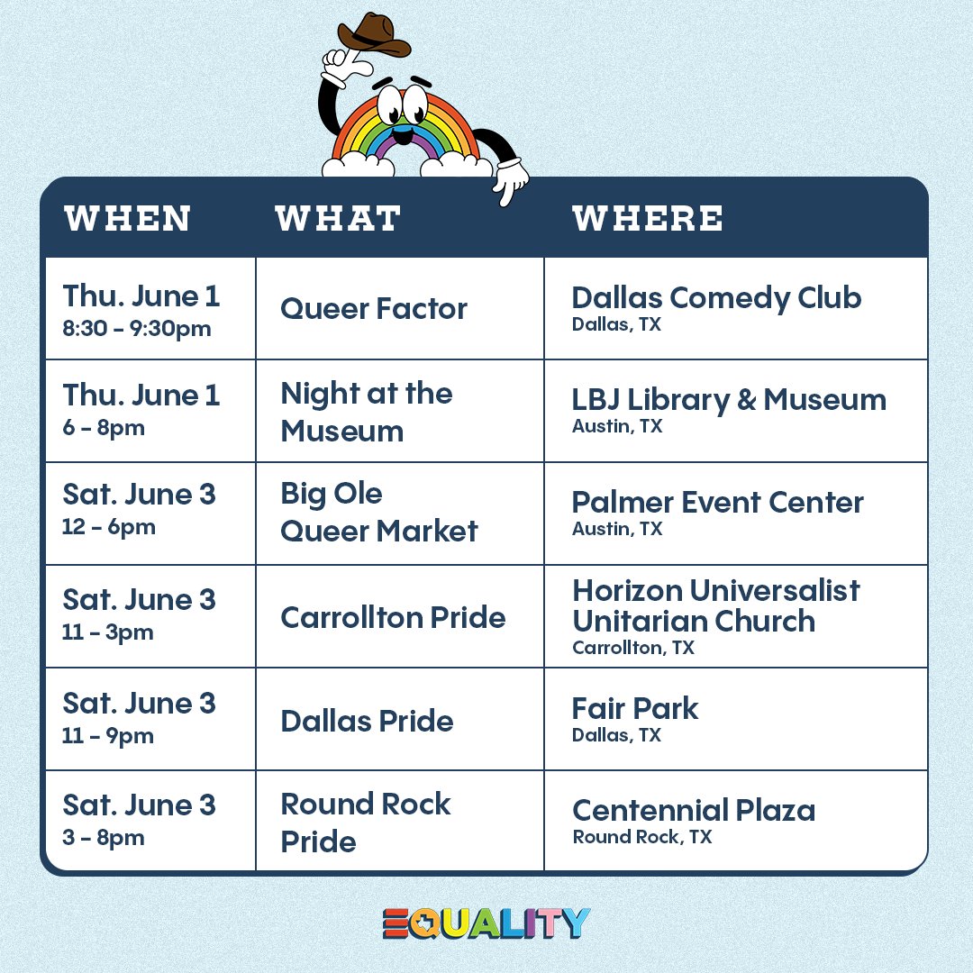 EqualityTexas's tweet photo. ๐Happy #Pride2023!
We're kicking off Pride season tomorrow and we've got a delightful line-up of LGBTQ+ Pride events happening June 1-5!
#EQTX #EqualityTexas #LGBTQ #LGBTQRights #TransRights #TransTexas #Pride https://t.co/RYIZbkkRxP