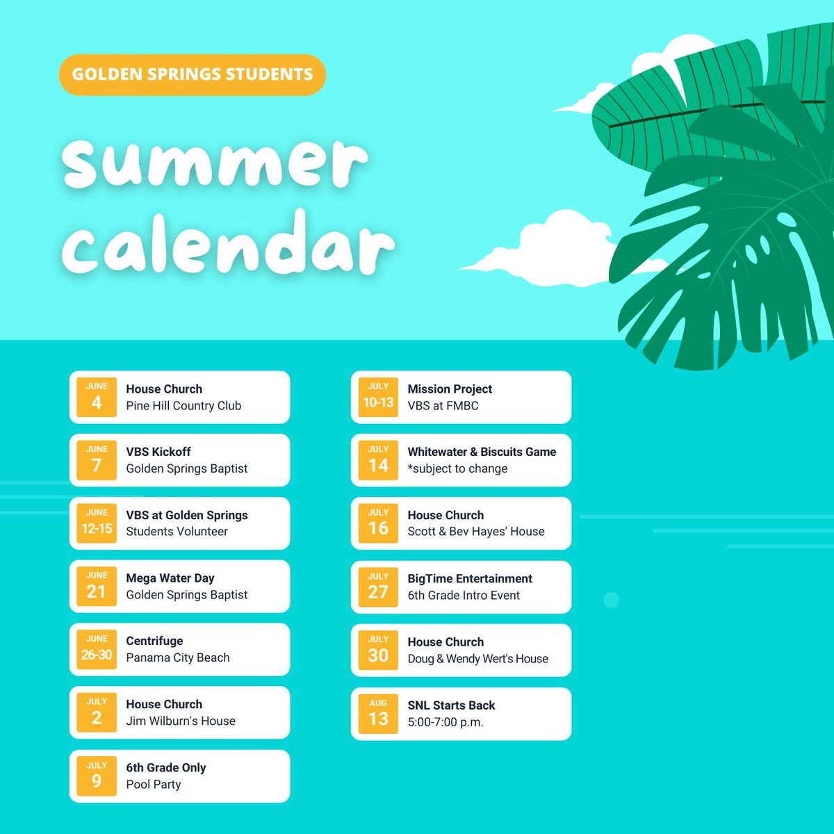 gsbc_students's tweet photo. Get ready for SUMMER!!! ☀️
We have lots of exciting events coming up so mark your calendars!!

Everything starts with house church this Sunday night (June 4th) at Pine Hill Country Club from 5-7pm. Bring a swimsuit, towel, &amp; a friend. We'll provide the rest. https://t.co/bCEov0j0T9