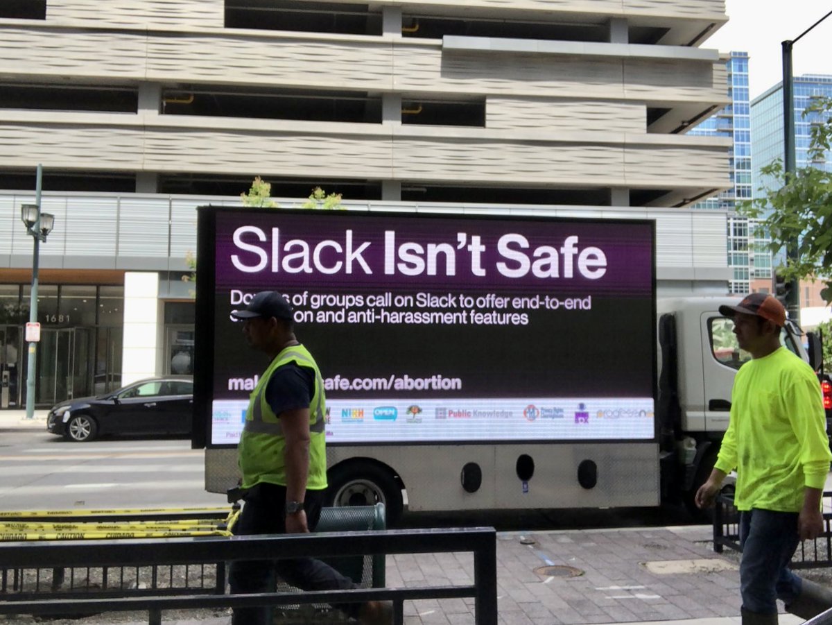 freepress's tweet photo. More than 90 groups fighting for abortion rights, digital rights &amp; racial justice sign onto call to #MakeSlackSafe and demand @SlackHQ offer end-to-end encryption of messages and blocking/reporting features to address harassment

Sign the letter: https://t.co/qWLtWkSUMR https://t.co/9vkqvJiw7c
