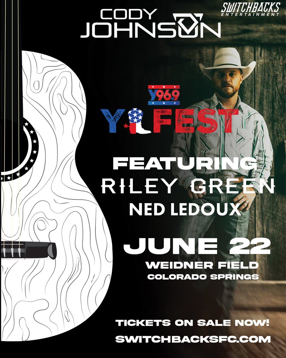 codyjohnson's tweet image. Colorado Springs! We’re heading your way on June 22 for @Y969's Y-Fest at Weidner Field with @RileyGreenMusic and @NedLeDoux! Get your tickets now at cojo.lnk.to/tour