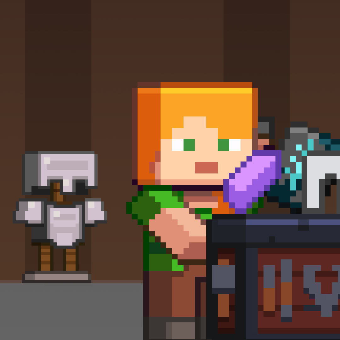 Alex works at a smithing table, armor stand with iron helmet to the left