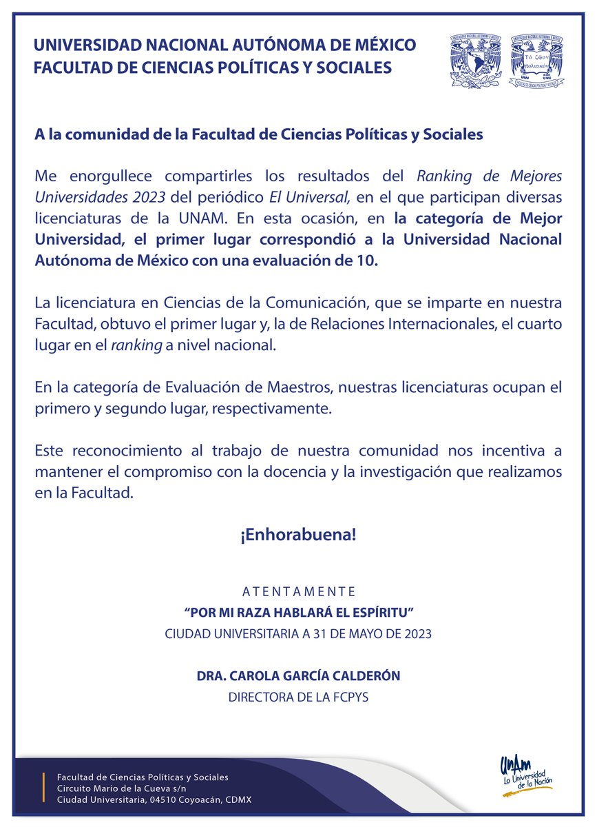UNAM_FCPyS's tweet photo. En los resultados del Ranking de las Mejores Universidades 2023 del periódico El Universal, la
@UNAM_MX se posiciona en el primer lugar con evaluación de 10. La licenciatura de @cecc_unam obtiene el primer lugar y, la de @cri_fcpys, el cuarto lugar en el ranking a nivel nacional. https://t.co/g3LzfzZV1y