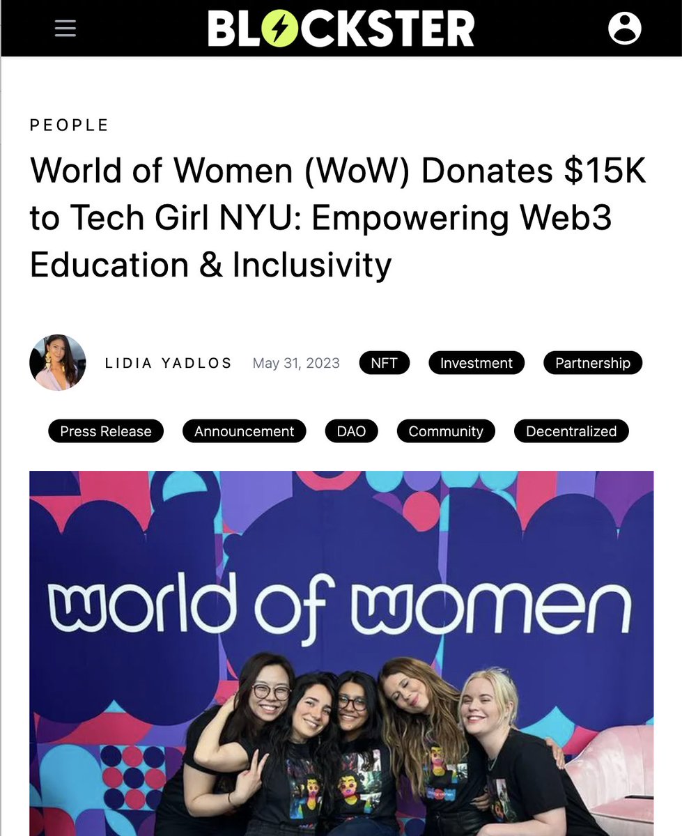 Reminder: NFTs can be used for good 💜

Thank you <a href="/BlocksterCom/">Blockster</a> for covering the <a href="/WoWFoundation_/">WoW Foundation</a>  donation to Tech Girl NYU to empower web3 education &amp; inclusion

Please tag someone creating a positive impact in web3. We can be the change we need to see💪🏽