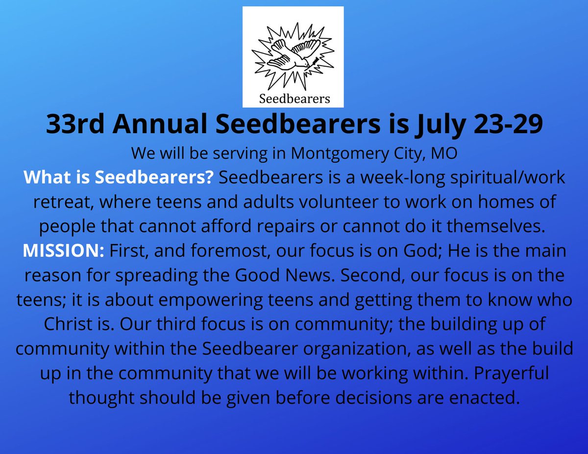 SEASImpact's tweet photo. Register TODAY at https://t.co/Azfdh0Kqoj for our 33rd Annual Seedbearers, July 23-29 in Montgomery City! https://t.co/6rtFcDNSr7