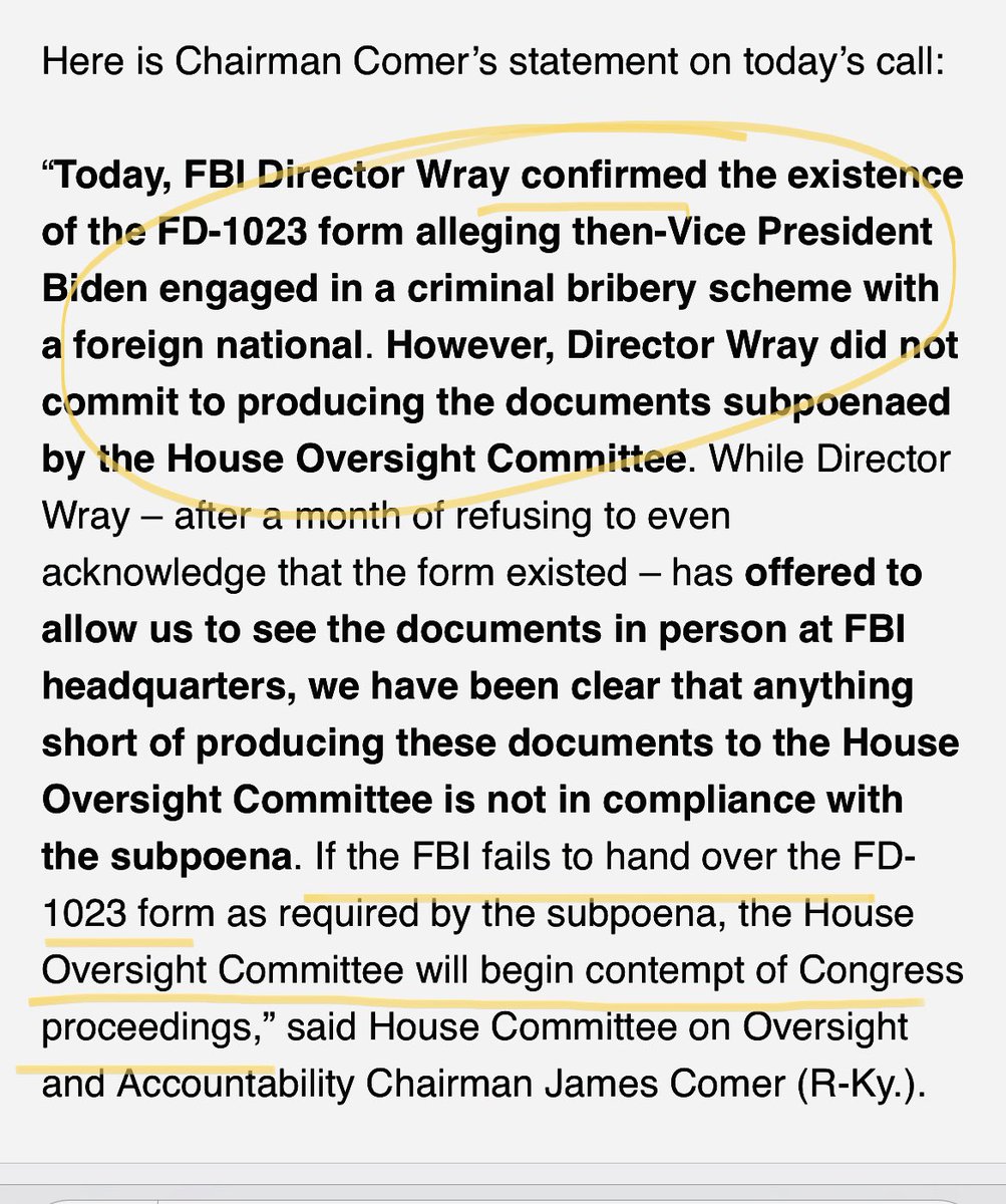 .@ChuckGrassley @JamesComer @fbi Director Wray held a call, after Wray did not provide subpoenaed record (FD 1023) by May 30.  Comer says Wray “confirmed the existence of the FD-1023 form alleging then-VP Biden engaged in a criminal bribery scheme with a foreign national.”