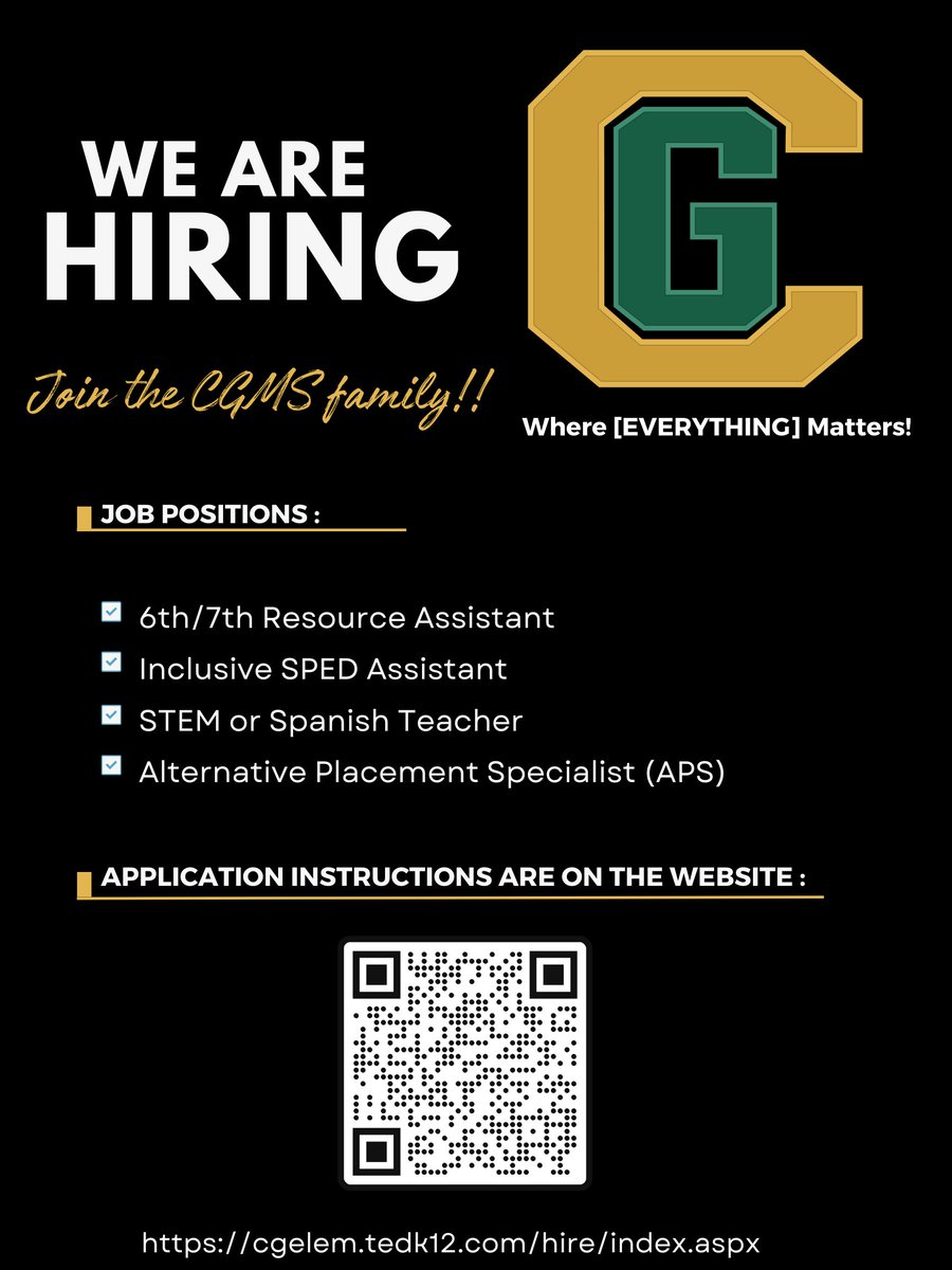 Come work at CGMS, Where [YOU] Matter!!!

Email samantha.sarnowski@cgesd.org with any questions!!
