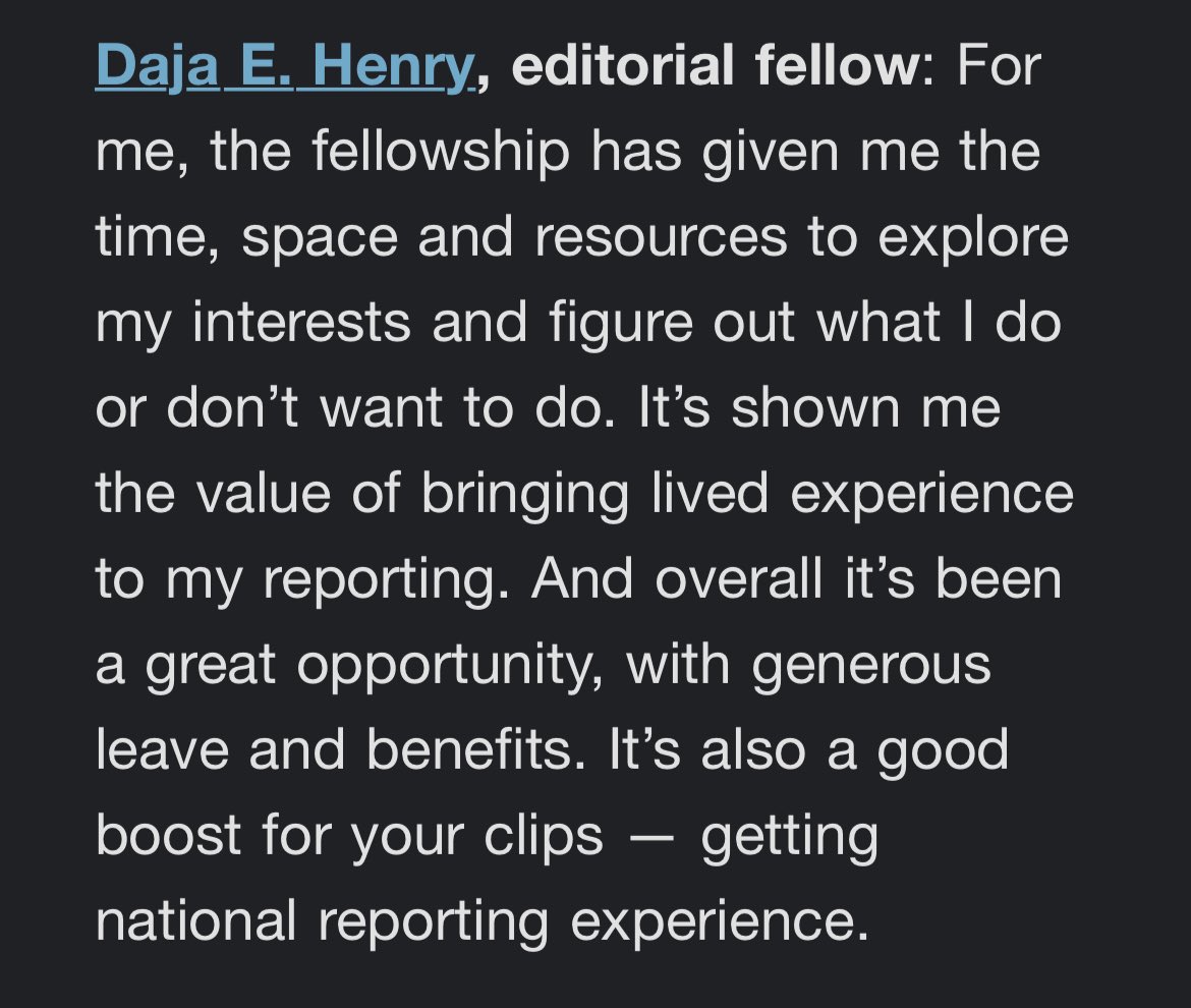 I talked to <a href="/SereenaOnSocial/">Sereena Henderson</a> for <a href="/19thnews/">19thnews</a>’ member newsletter about creating the best fellows’ experience, recruiting our 2nd cohort and more. 

And I passed the mic to our editorial fellows to share insights w/applicants. From <a href="/dajaehenry/">Daja E. Henry 🌸</a>: