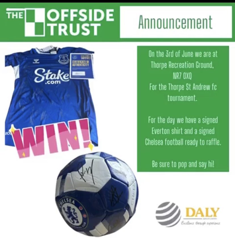 We are delighted to have <a href="/OffsideTrust/">Offside Trust East Anglia</a> with us at our tournament this Saturday. Come and say hello. They will be raffling off a signed Everton shirt and Chelsea football #offsidetrust #grassrootsfootball #tournament #tsafc