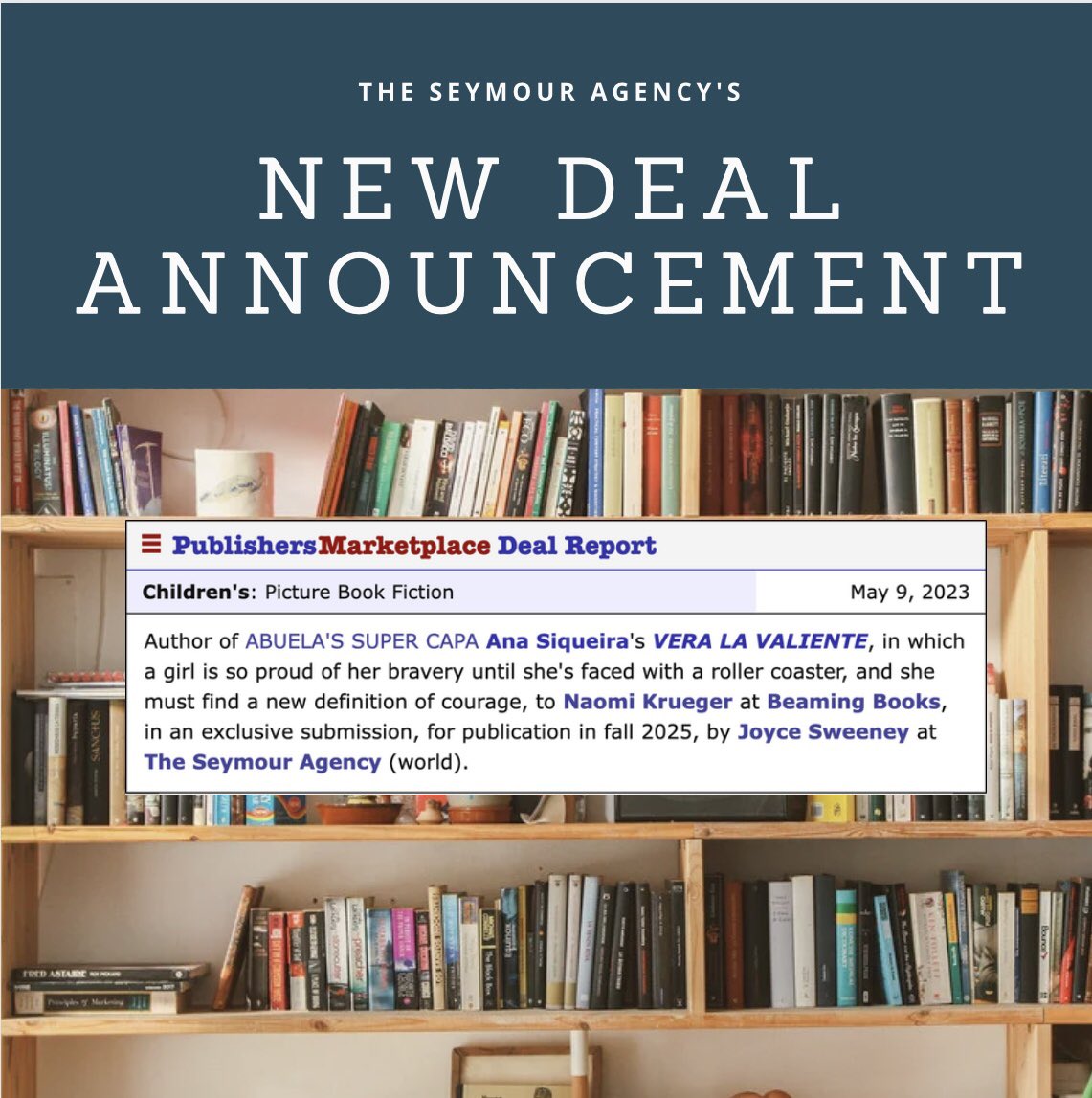 seymouragency's tweet photo. 🌟New Deal Announcement🌟

Check out this awesome new picture book deal for author Ana Siqueira and agent Joyce Sweeney! We can’t wait to read VERA LA VALIENTE! 

@SraSiqueira1307 
@JoyceGrackle 
@BeamingBooksMN https://t.co/uTFACZ7k4o