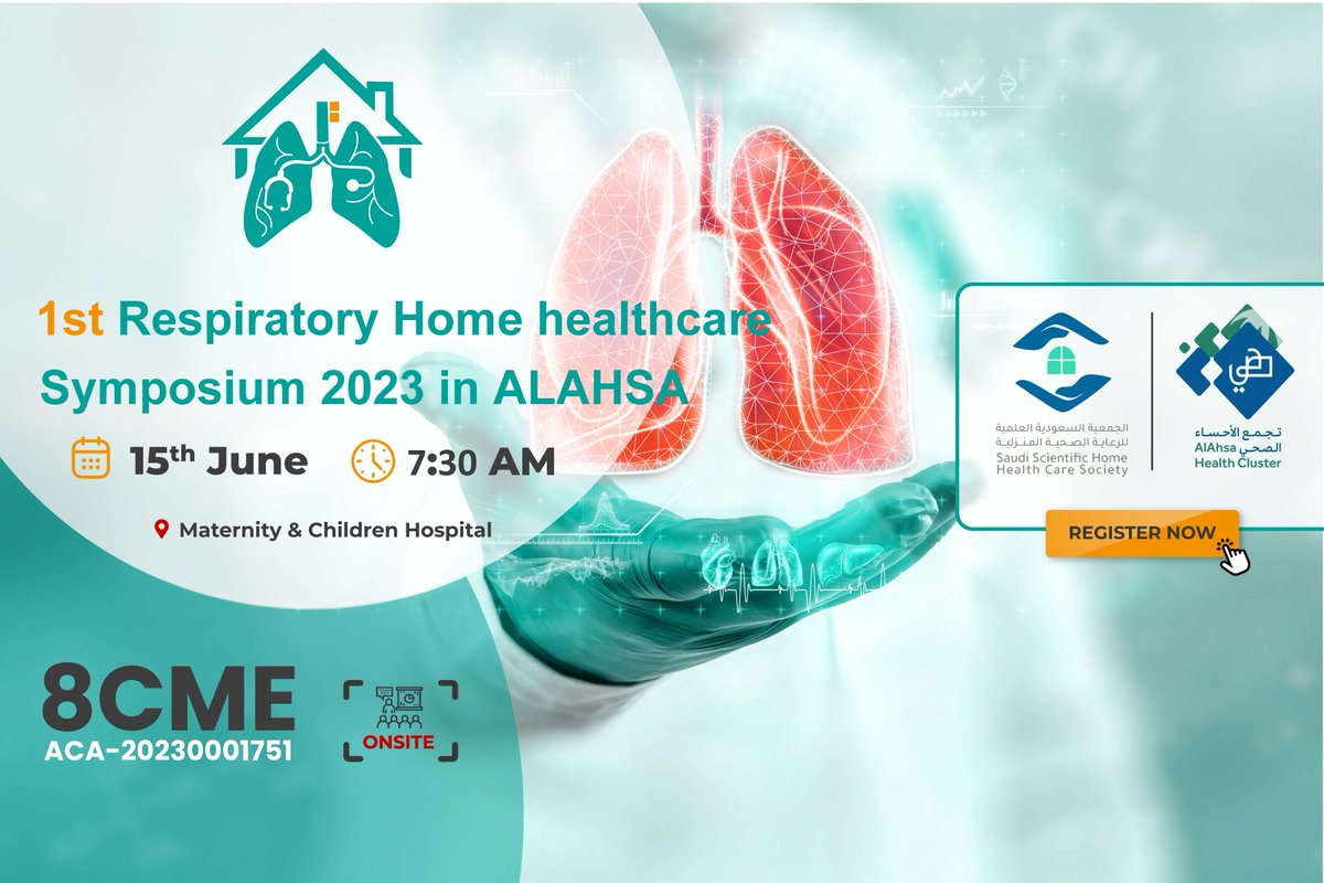 sshhs_sa's tweet photo. تعتزم الجمعية إقامة الندوة العلمية الأولي للرعاية الصحية التنفسية المنزلية بالاحساء بالتعاون مع #تجمع_الاحساء_الصحي  @AlAhsaHC والمعتمدة بعدد 8 CME الخميس 15-6-2023 حضورياً بقاعة الشؤون الأكاديمية بمستشفى الولادة والأطفال بالاحساء 
للتفاصيل عن طريق الرابط 
https://t.co/0V8AYxslmW https://t.co/iREvTVgdgl