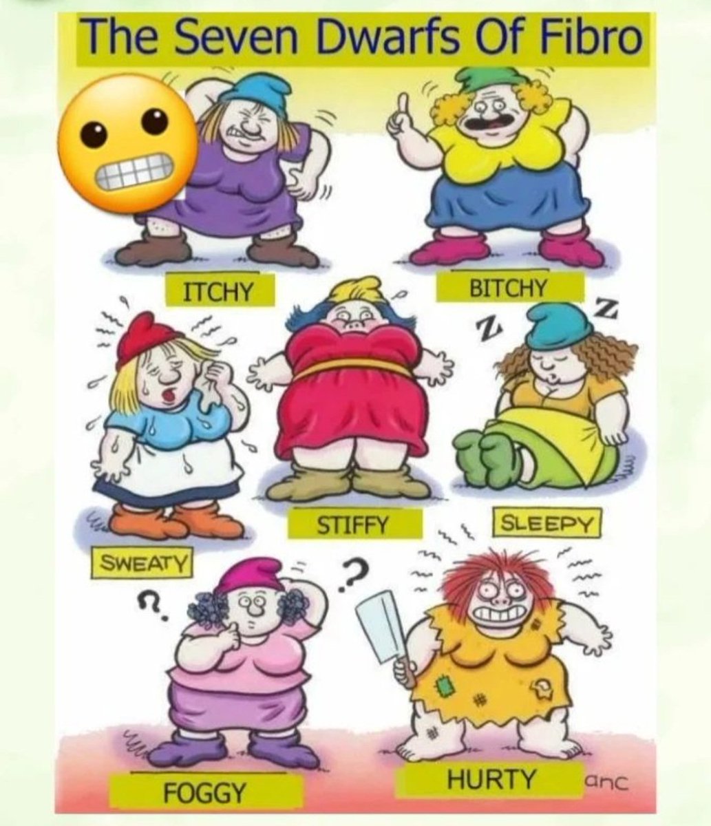 The Seven dwarfs of Fibro...
#itchy #bitchy #sweaty 
#stiffy #sleepy
#foggy #hurty 
#fibromyalgia #CFSME 
#fibrosupportbymonica