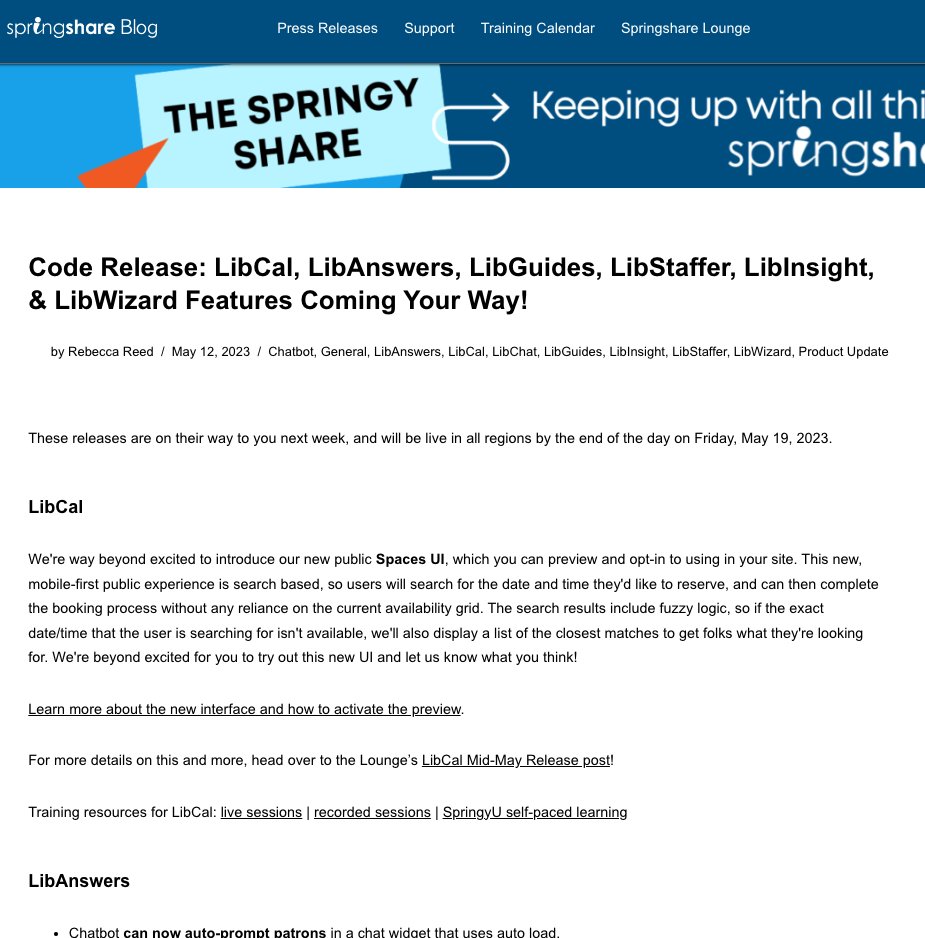 springshare's tweet image. Did you see last week&apos;s blog post recapping all our new May updates? #LibCal has a new Spaces UI, #LibStaffer saw updates to the Drag &amp;amp; Drop shift builder, and be sure to update your #LibInsight Google Analytics dataset to GA4 before UA sunsets. blog.springshare.com/2023/05/12/cod…