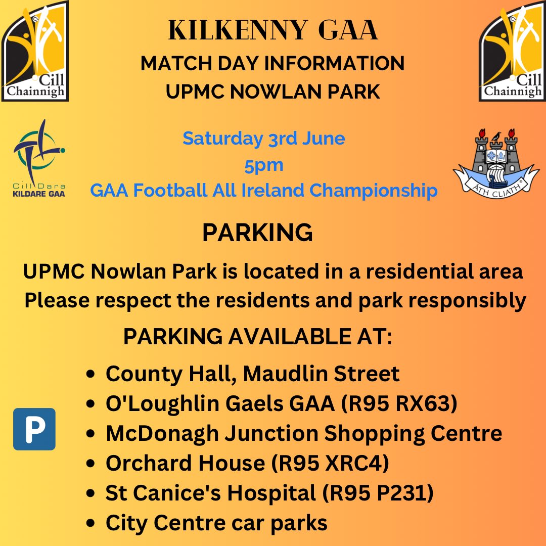 Parking facilities will be available at St Canice’s Hospital for the @officialgaa Football All-Ireland Championship clash between @KildareGAA & @DubGAAOfficial this Saturday 3rd June.