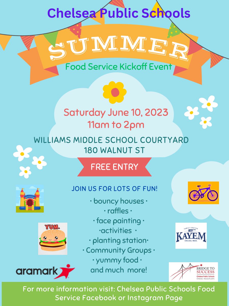 CPS will host a Summer Food Service Kickoff event on Saturday, June 10, from 11:00am-2:00pm at the Williams School. Join us for a FREE event featuring information about our summer food program AND a day of fun including bouncy houses, raffles, free food and much more!