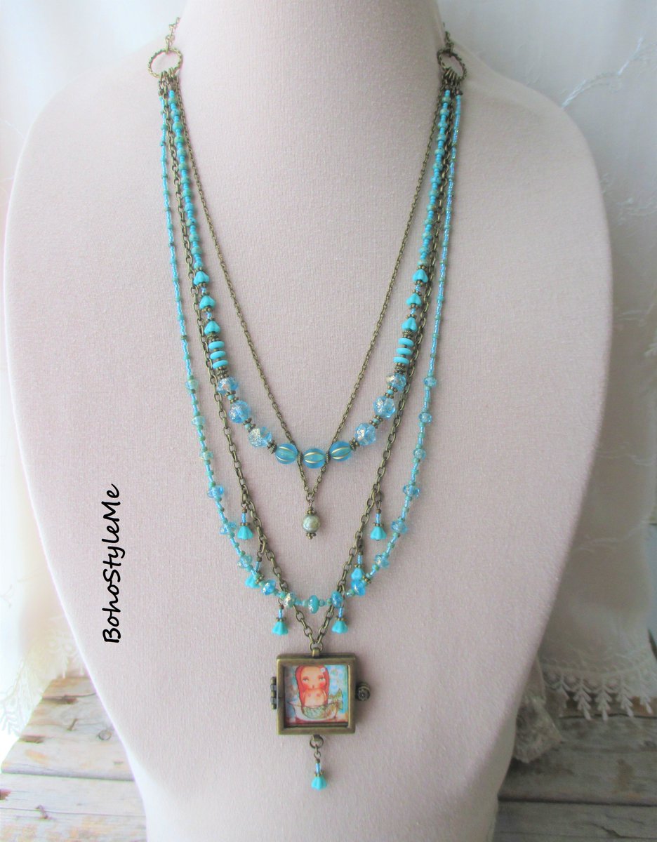 Baby Mermaid, Boho Style Me Aquamarine Blue Beaded Layering Pendant Necklace, BohoStyleMe, Handmade Modern Hippie Jewelry