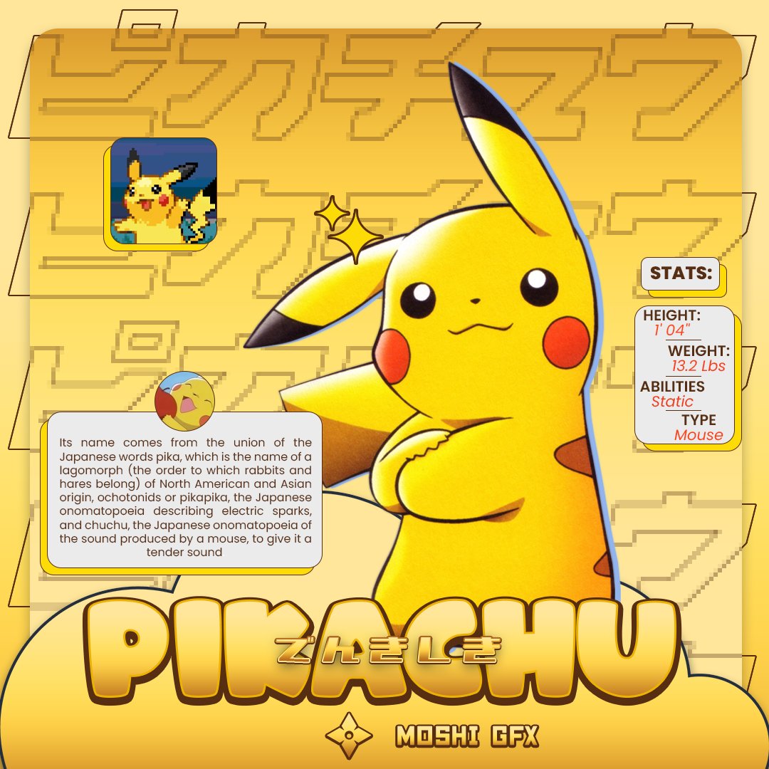 GAOXNG1's tweet photo. Pikachu (Ui infographic) for a weeb blog - Moshi GFX
Commissions open, dm to get yours! (New prices)
Support appreciated π&π·
#MoshiGFX #anime #pikachu #Pokemon #candystyle #uidesign #Y2K #commissionsopen #defiantmedia #DFM https://t.co/8xVJzbvlWz